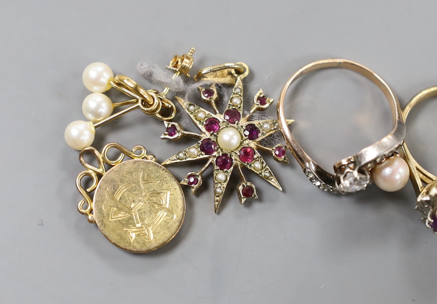 A modern platinum and solitaire diamond set ring, size G, gross weight 1.4 grams, four assorted 18ct gold and gem set rings including diamond chip half eternity and a pair of Italian 750 and cultured pearl earrings, gros